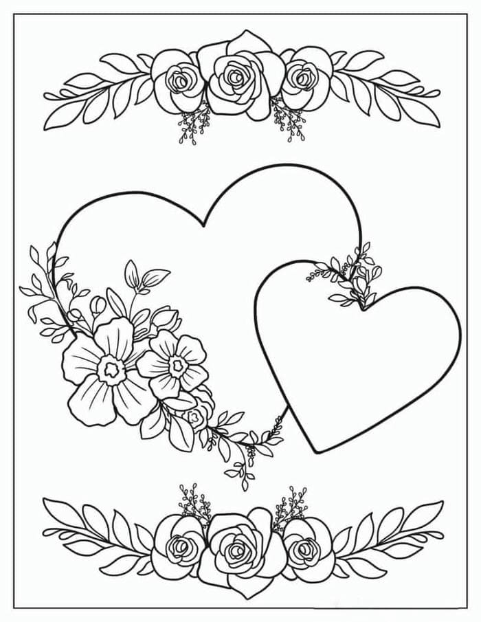 Ảnh tranh tô màu hình trái tim và hoa