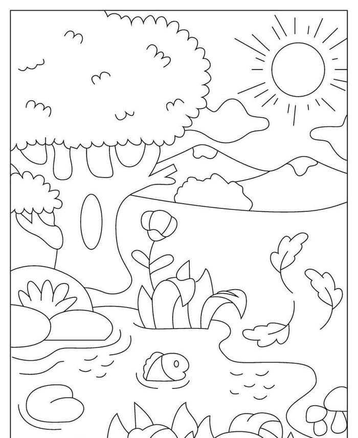 Ảnh tranh tô màu phong cảnh hồ nước đơn giản cho bé