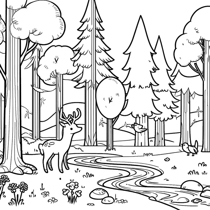 Ảnh tranh tô màu phong cảnh rừng cây