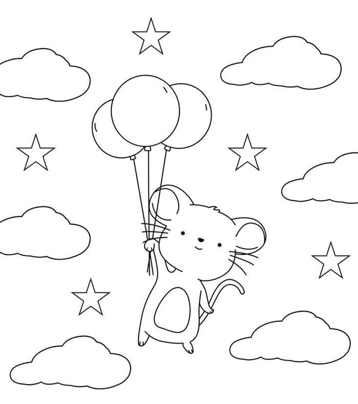 Hình ảnh tranh tô màu con chuột cầm bóng bay
