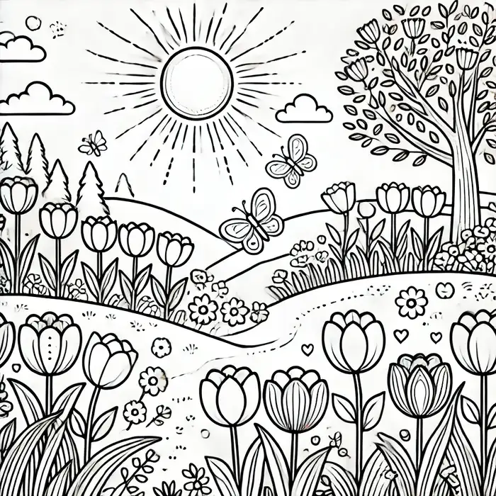 Hình ảnh tranh tô màu phong cảnh mùa xuân