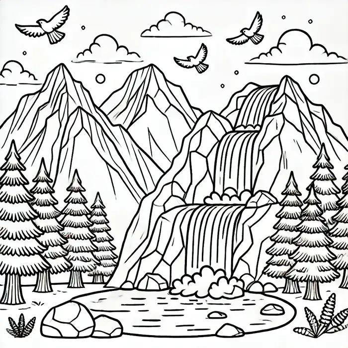 Hình ảnh tranh tô màu phong cảnh thác nước đẹp