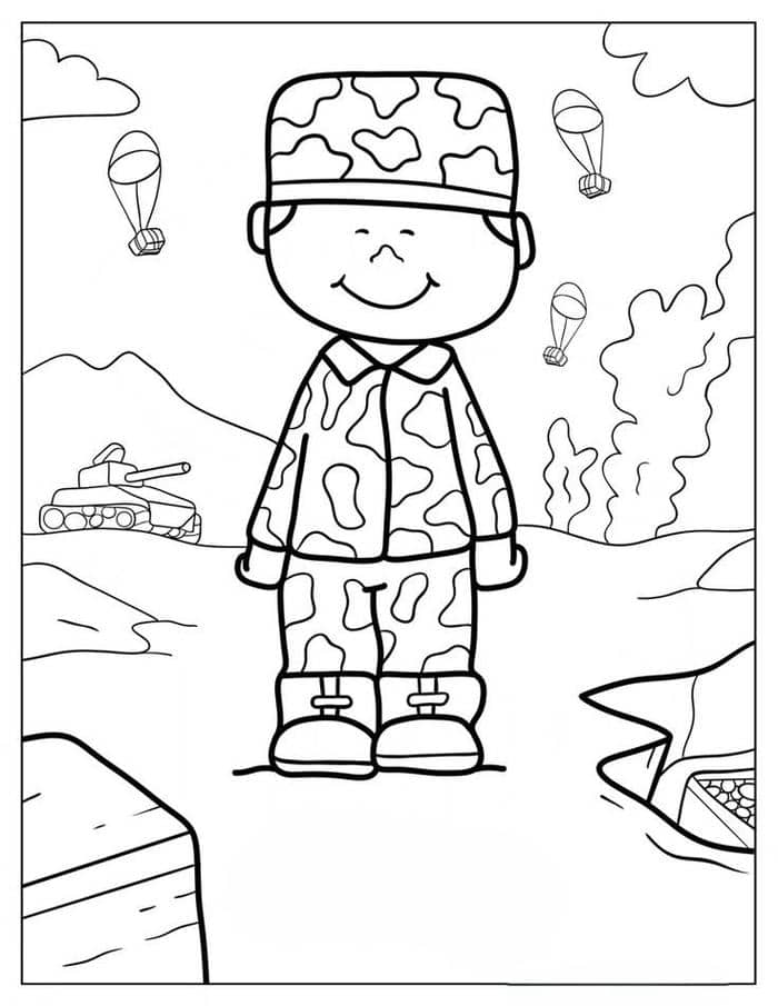 Hình tranh tô màu chú bộ đội đơn giản cho bé