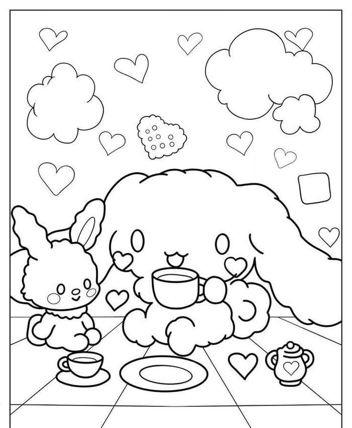 Hình tranh tô màu Cinnamoroll ngồi uống trà