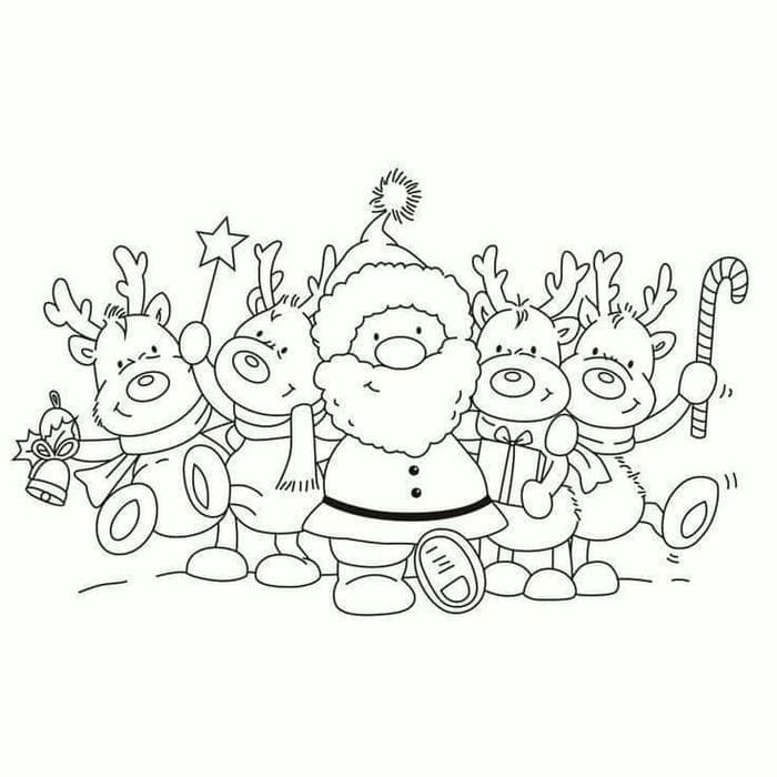 Hình tranh tô màu ông già noel cùng bốn chú tuần lộc siêu đáng yêu