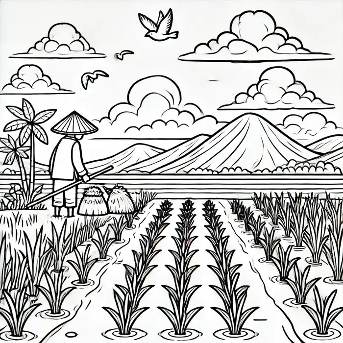 Hình tranh tô màu phong cảnh đồng ruộng