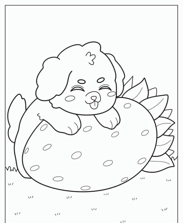 Tranh tô màu chó con cùng quả dâu tây siêu đáng yêu