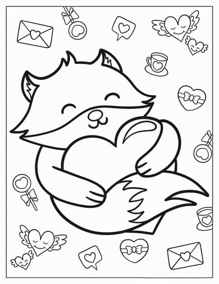 Tranh tô màu con cáo ôm trái tim siêu dễ thương