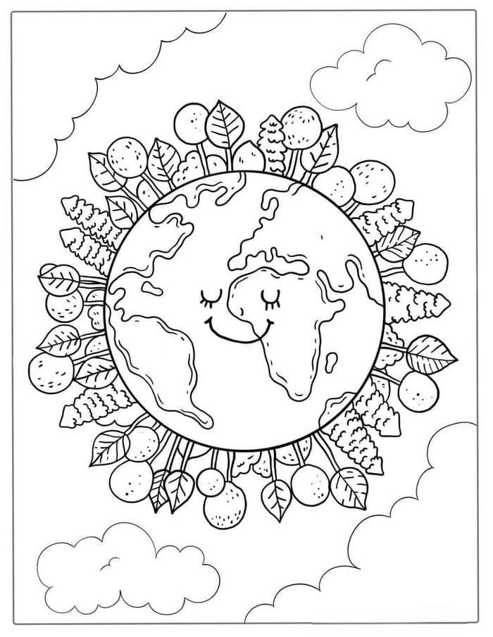 Tranh tô màu hình ảnh trái đất cùng cây xanh