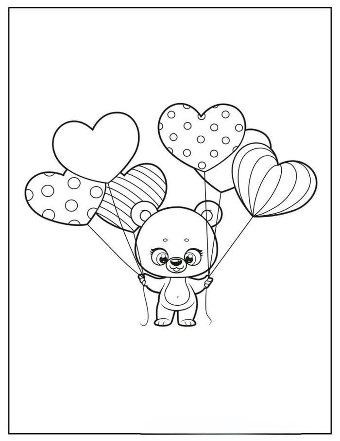 Tranh tô màu hình gấu cầm bóng bay trái tim siêu đáng yêu