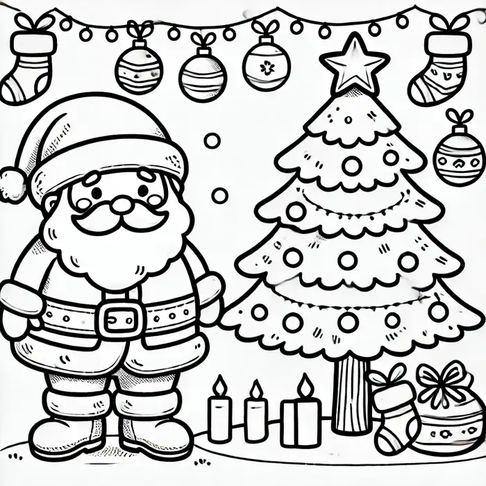 Tranh tô màu hình ông già noel và cây thông đơn giản cho bé