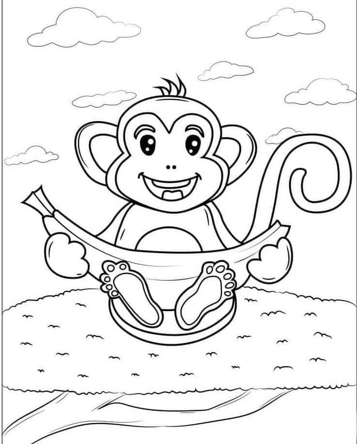 Tranh tô màu hình quả chuối và khỉ con cute