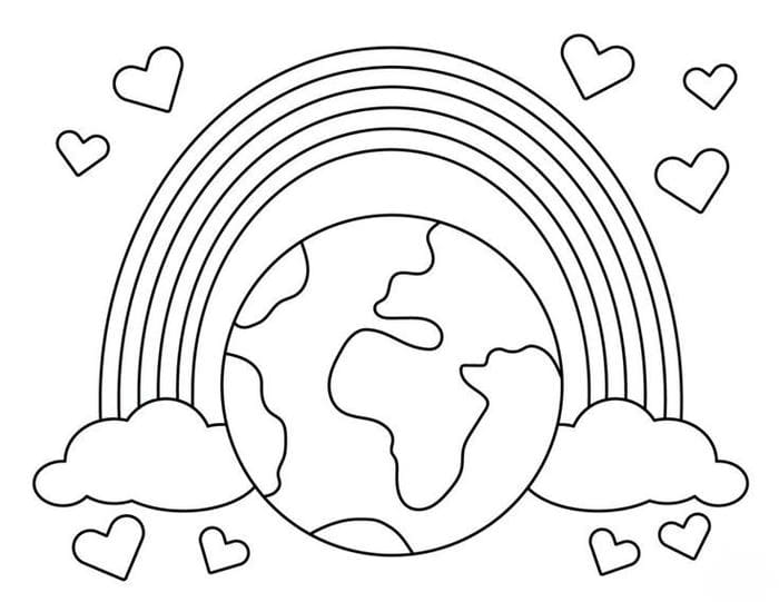 Tranh tô màu hình trái đất và cầu vồng