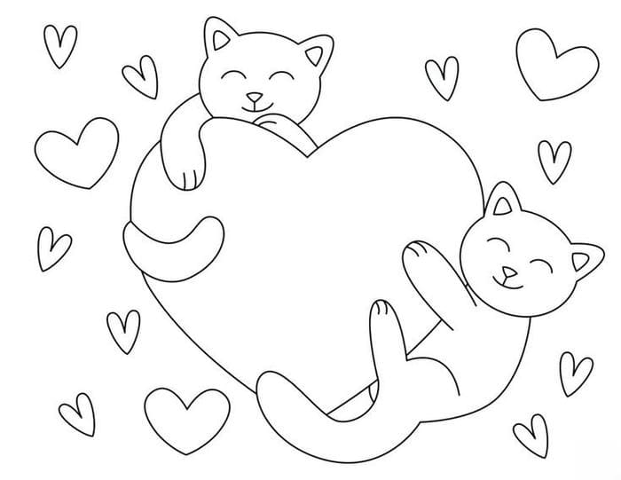Tranh tô màu hình trái tim cùng mèo con siêu đáng yêu