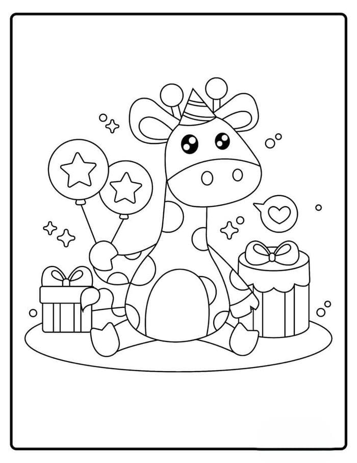 Tranh tô màu hươu cao cổ đội mũ sinh nhật siêu đáng yêu