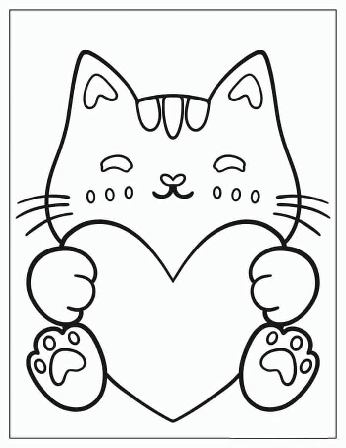 Tranh tô màu mèo con ôm trái tim siêu dễ thương