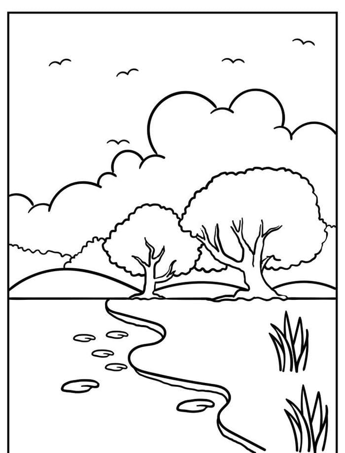 Tranh tô màu phong cảnh bờ hồ đơn giản cho bé