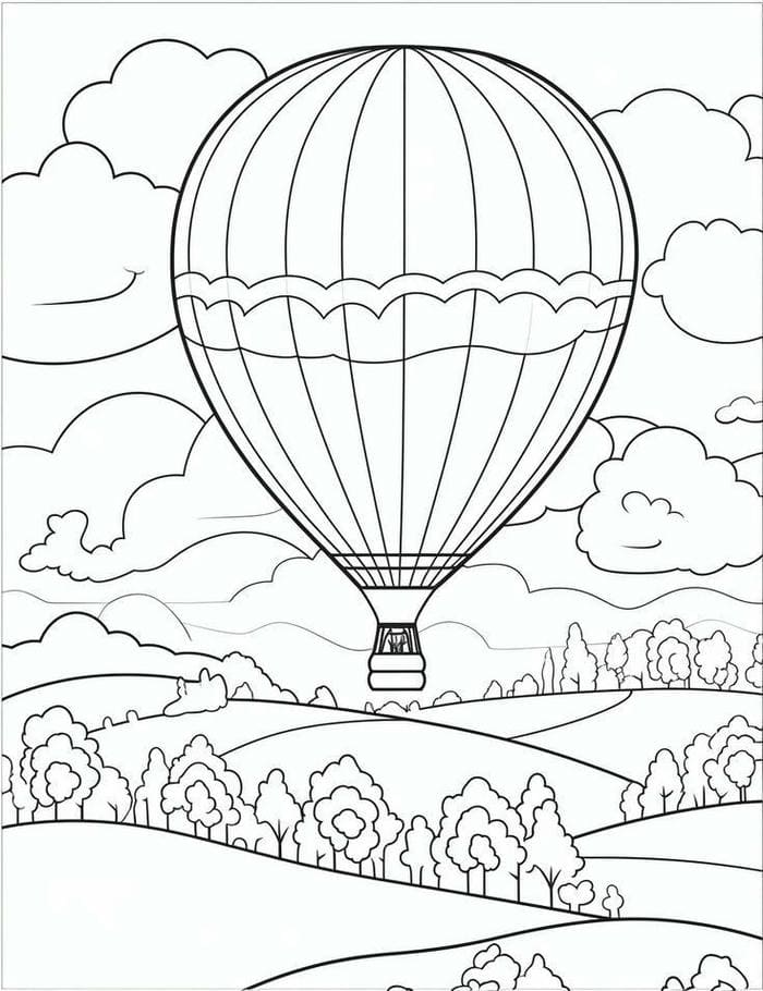 Tranh tô màu phong cảnh rừng núi cùng khinh khí cầu