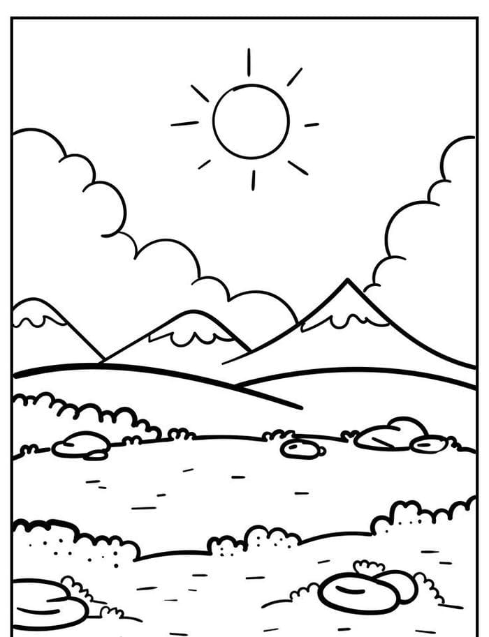 Tranh tô màu phong cảnh thiên nhiên đồi núi đơn giản cho bé